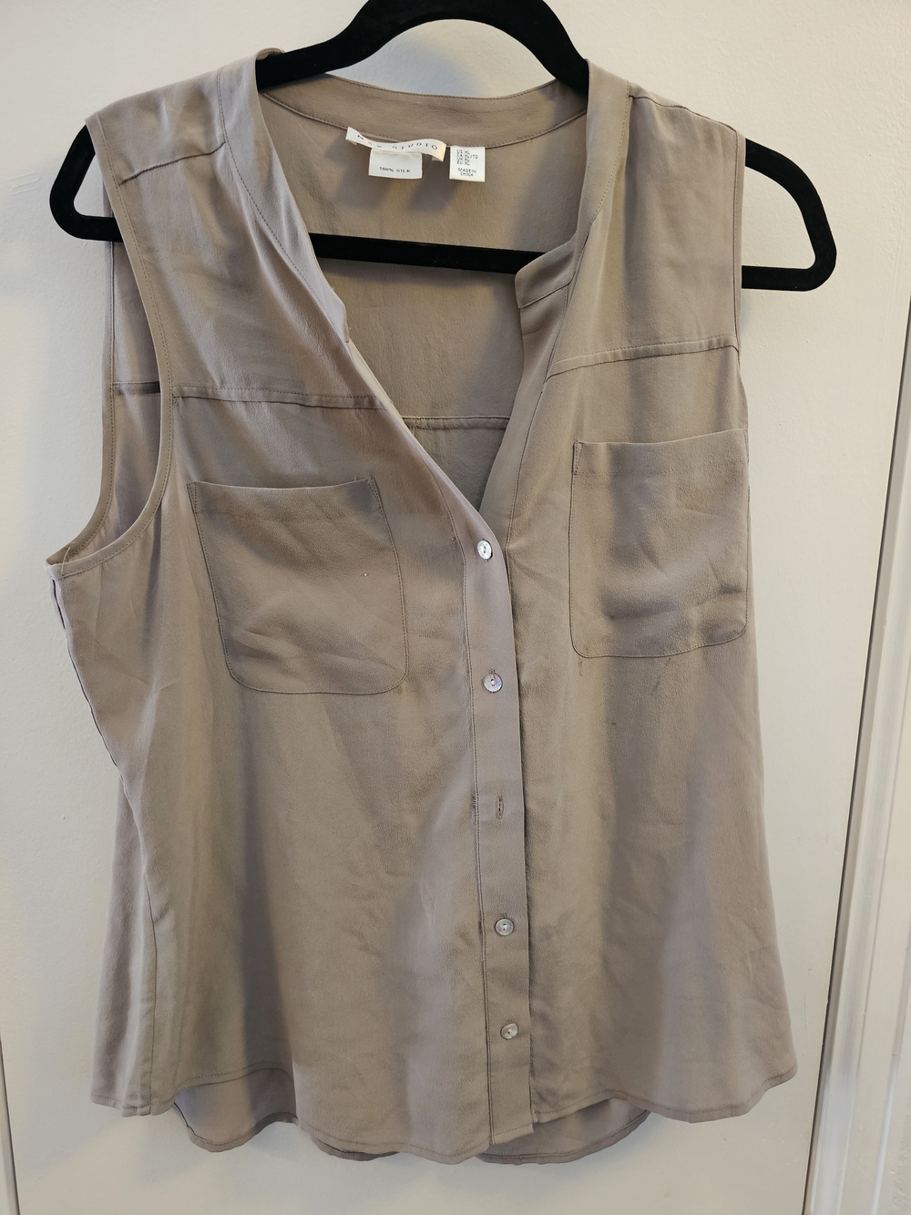 Max Studio Silk Sleeveless Button-Front Blouse in Taupe
